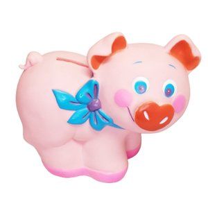 Vintage Plastic Pink Pig Piggy Bank Blue Ribbon